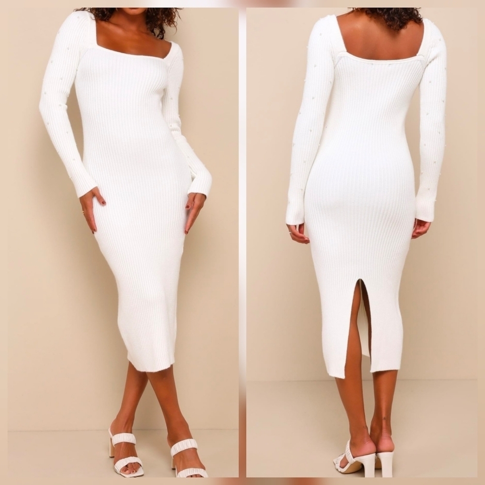 Lulus L Gleaming Babe White Ribbed Knit Pearl Midi Sweater Dress, Size Large